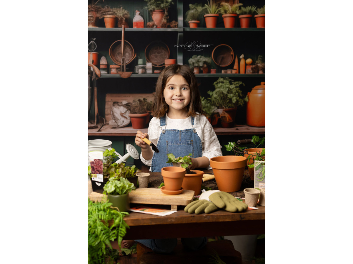 Spring photo backdrop L'Atelier Bota Green – gardener's workshop with green cabinet and clay pots | Colors&Drops