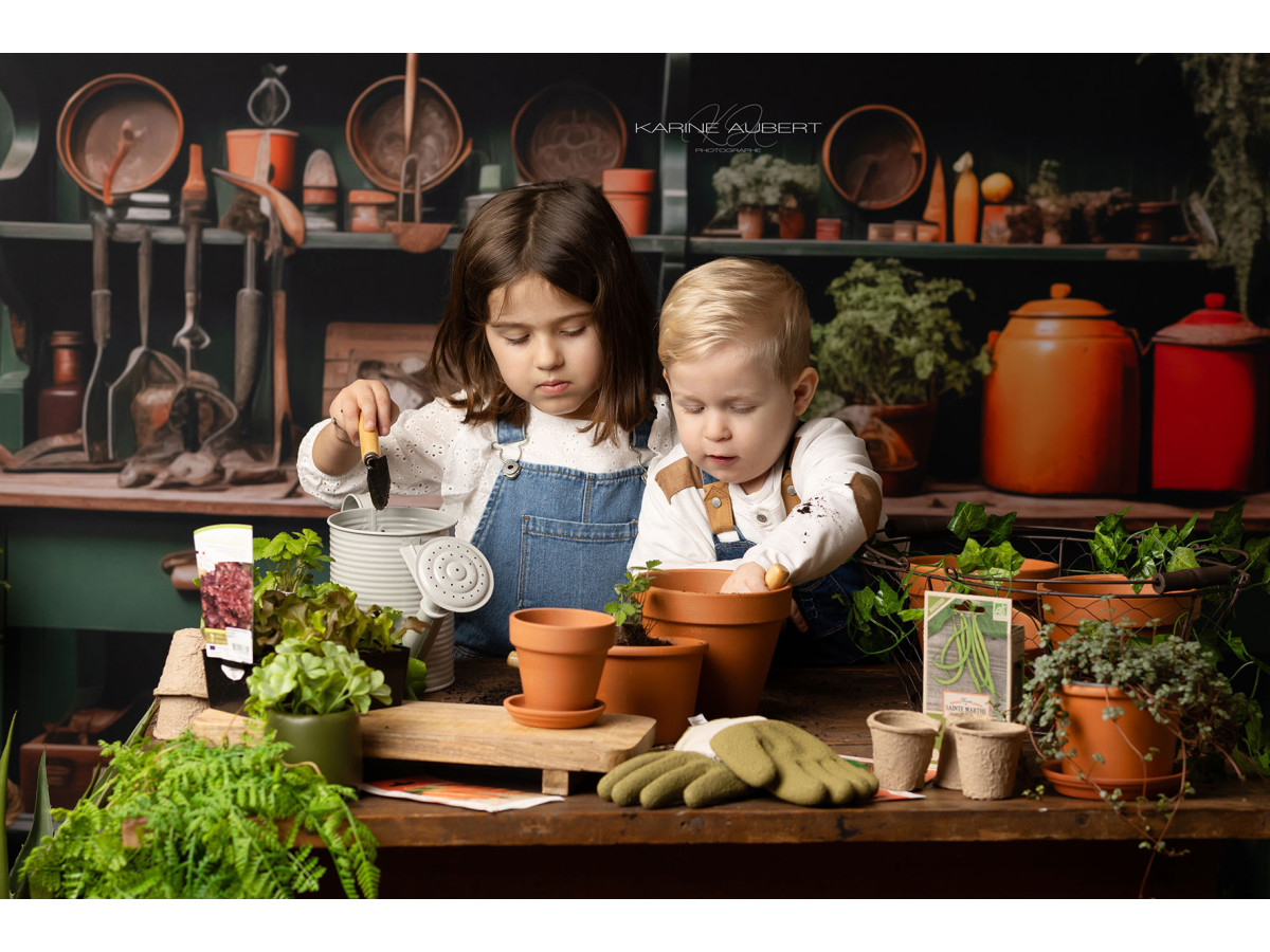 Spring photo backdrop L'Atelier Bota Green – gardener's workshop with green cabinet and clay pots | Colors&Drops