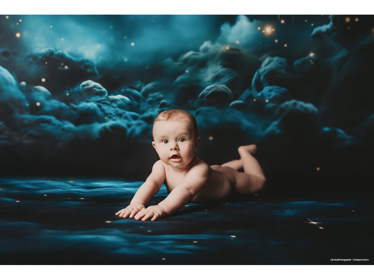Baby & cake smash photo backdrop Plasma – starry sky with teal clouds and moon | Colors&Drops