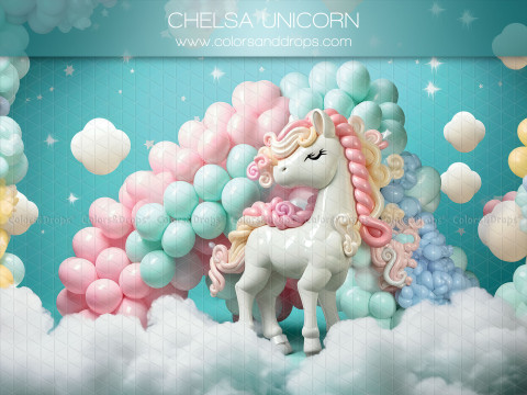 Fond photo bébé et smash cake Chelsa Unicorn – licorne blanche avec ballons pastel sur nuages | Colors&Drops