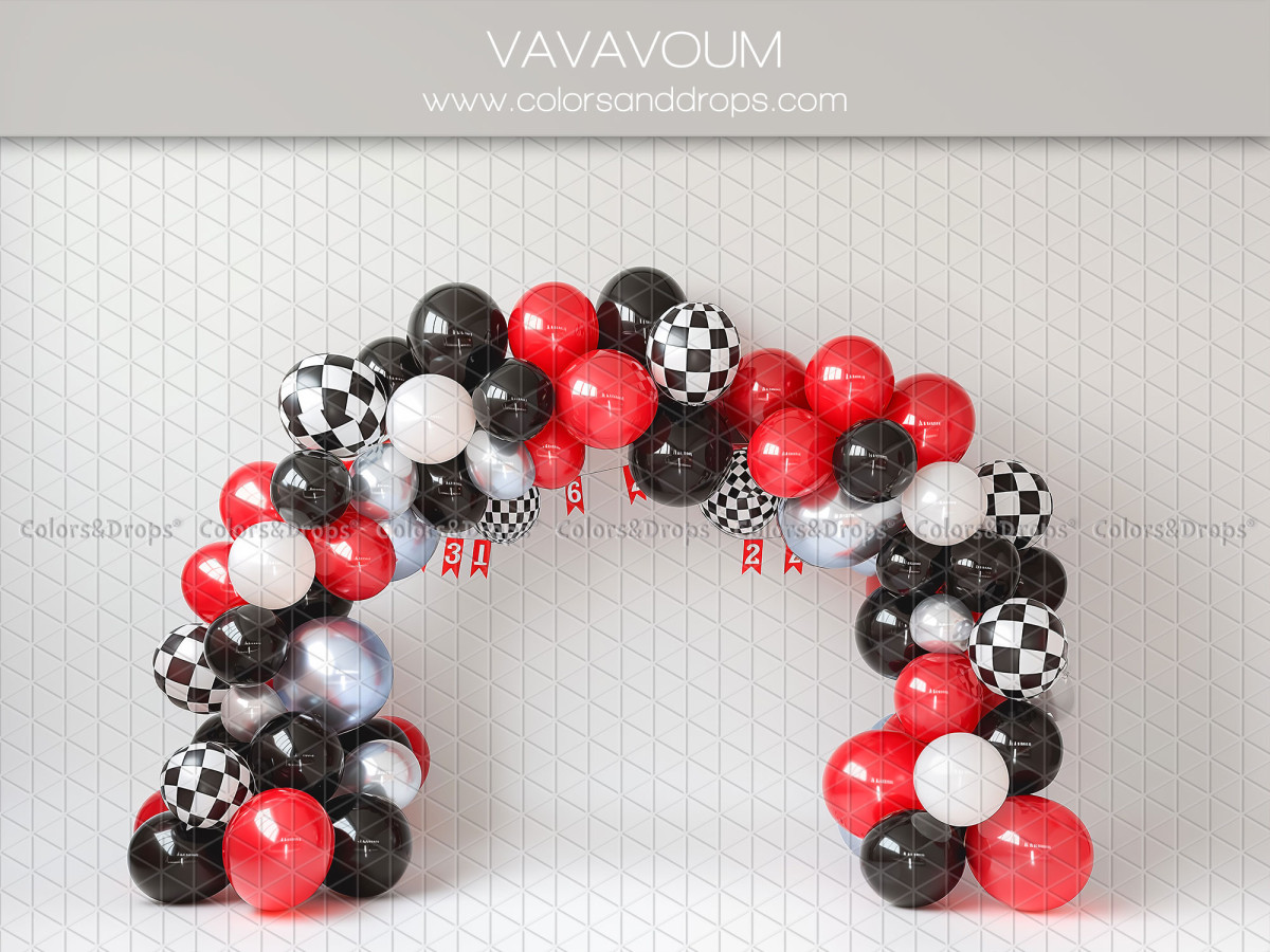 Baby & cake smash photo backdrop Vavavoum – red, black and checkered balloon arch | Colors&Drops