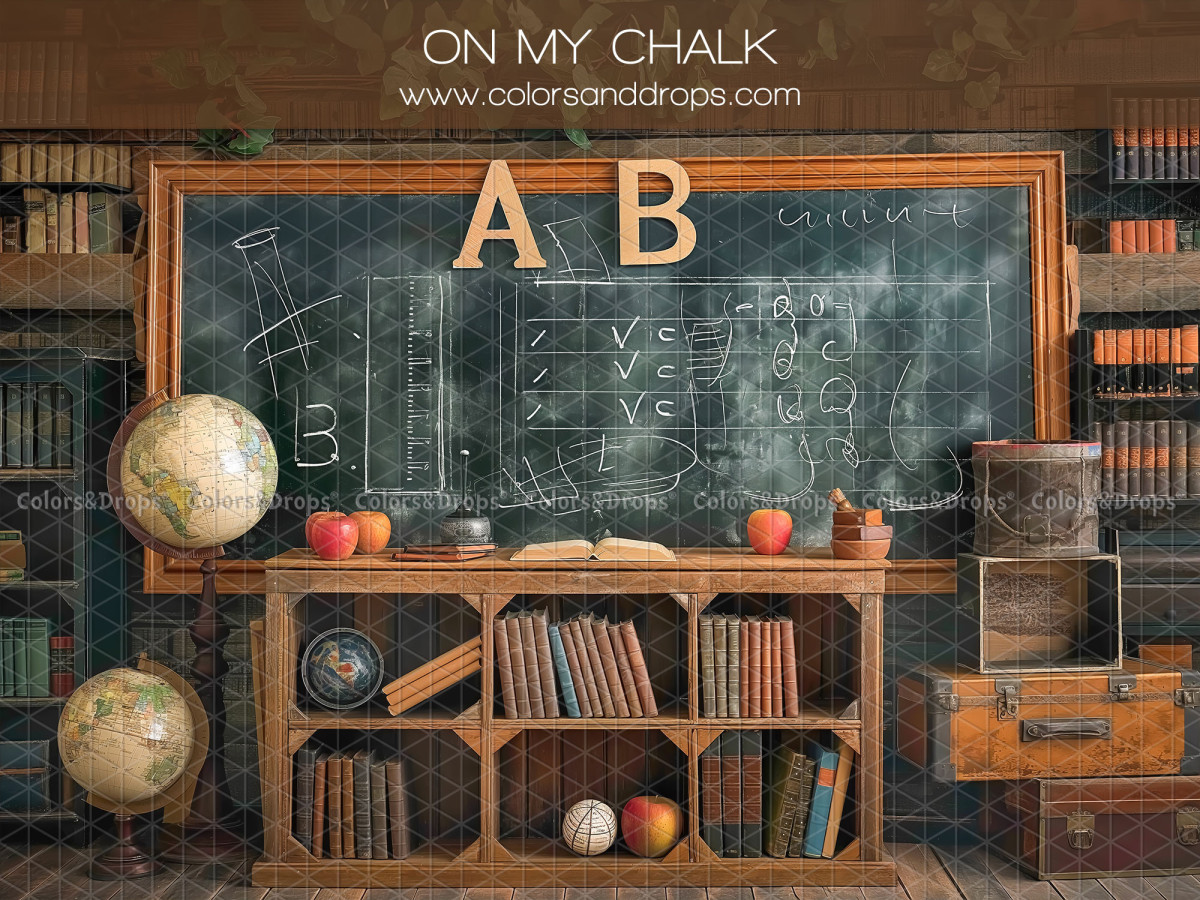 School portrait photo backdrop On My Chalk – classroom with chalkboard and globe | Colors&Drops