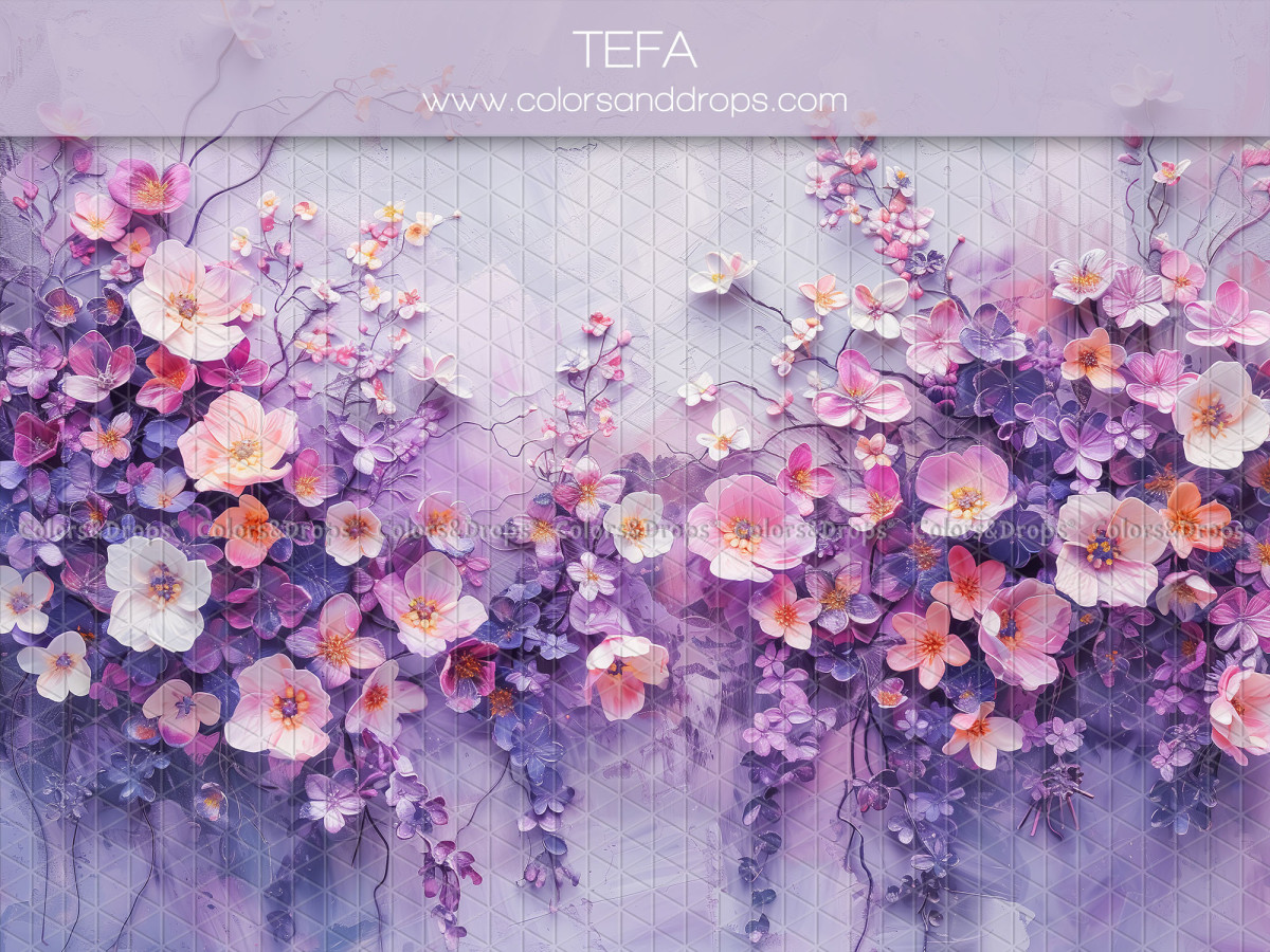 Fond photo bébé et smash cake Tefa – mur de fleurs violettes et roses | Colors&Drops