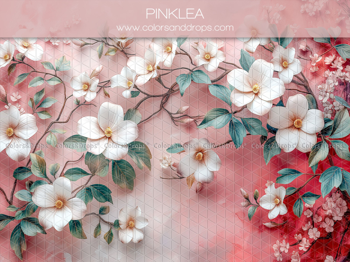 Fond photo bébé et smash cake Pinklea – fleurs blanches et feuillage sur fond rose | Colors&Drops