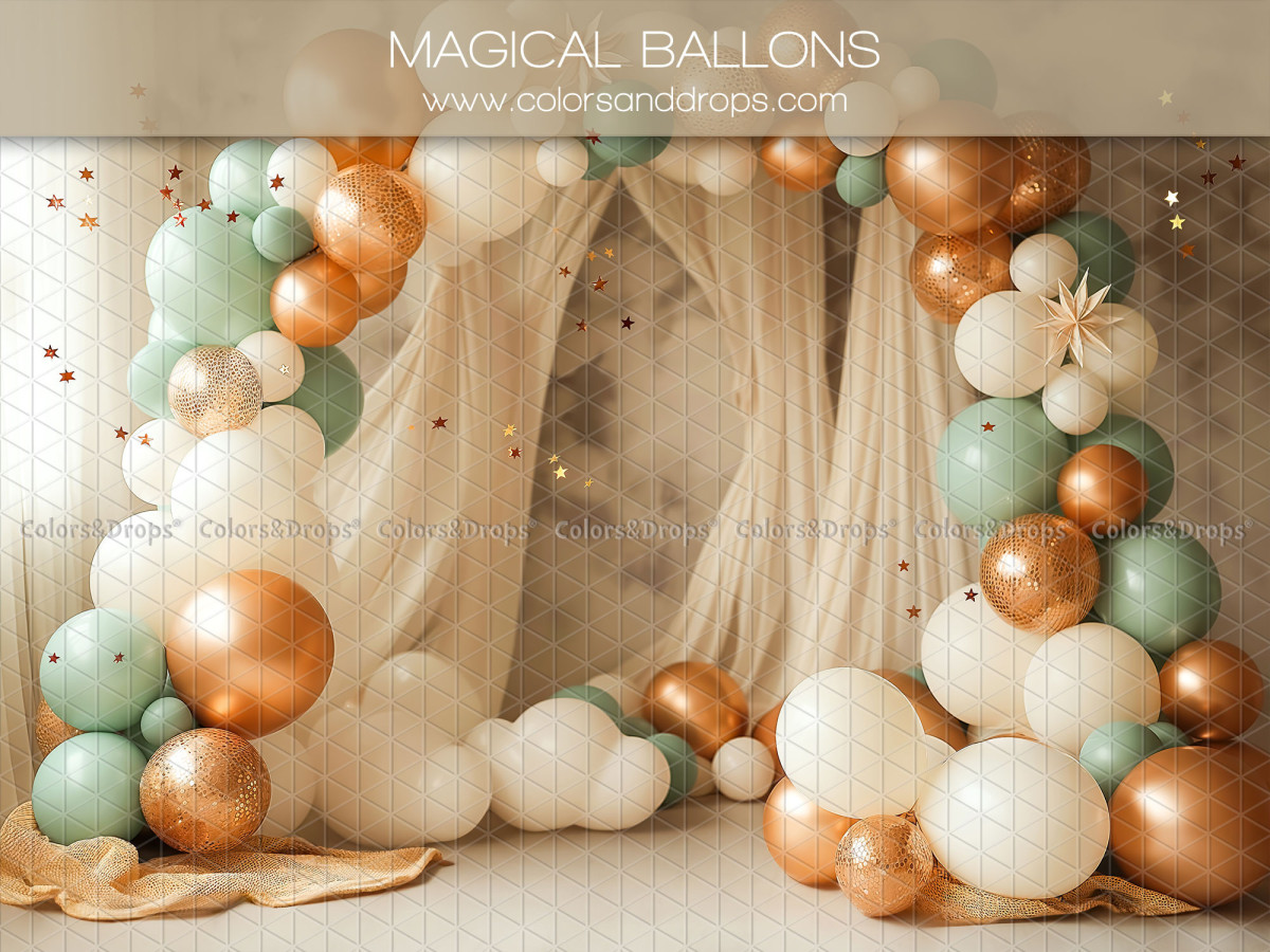 Fond photo Magical Ballons – arche de ballons vert sauge et cuivre avec voilages | Colors&Drops