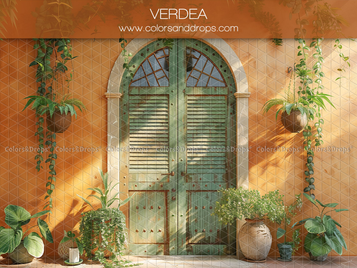 Fond photo fleuri Verdea – porte cintrée verte sur mur ocre avec plantes | Colors&Drops