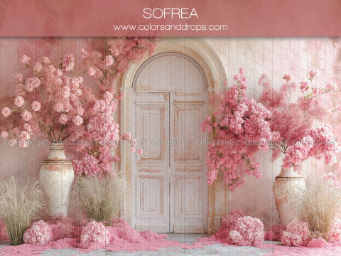 Fond photo fleuri Sofrea – porte blanche cintrée entourée de fleurs roses | Colors&Drops