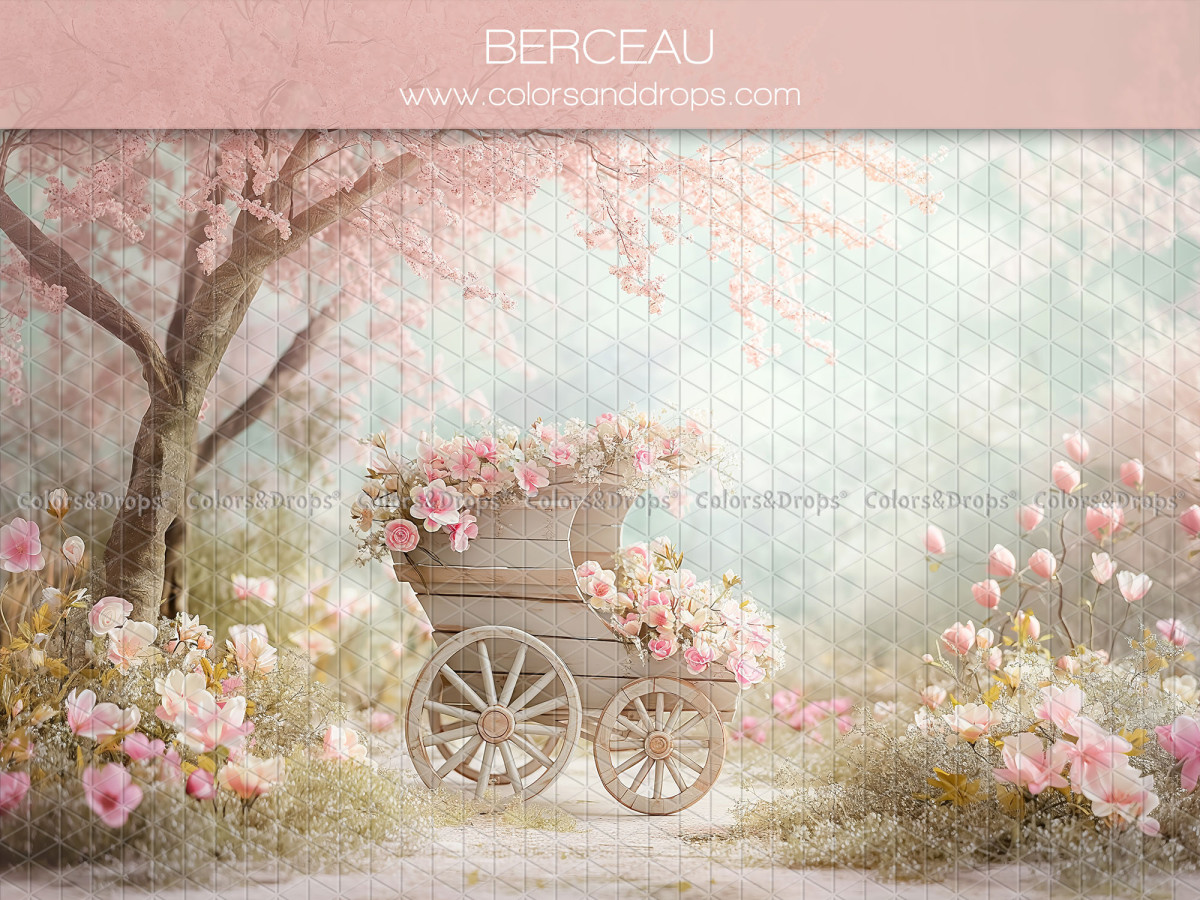 Floral photo backdrop Berceau – flowering garden with blossom tree and cart | Colors&Drops
