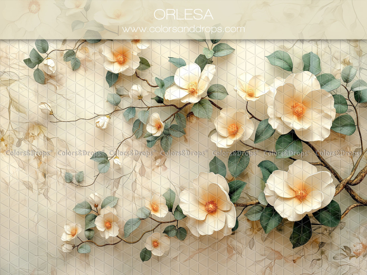 Fond photo bébé et smash cake Orlesa – fleurs blanches et feuillage sur mur crème | Colors&Drops