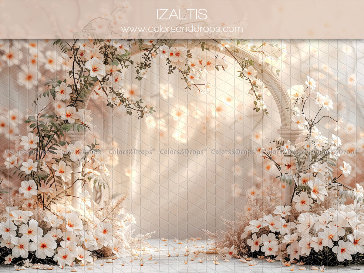 Fond photo grossesse et portrait Izaltis – arche de fleurs blanches avec lumière douce | Colors&Drops