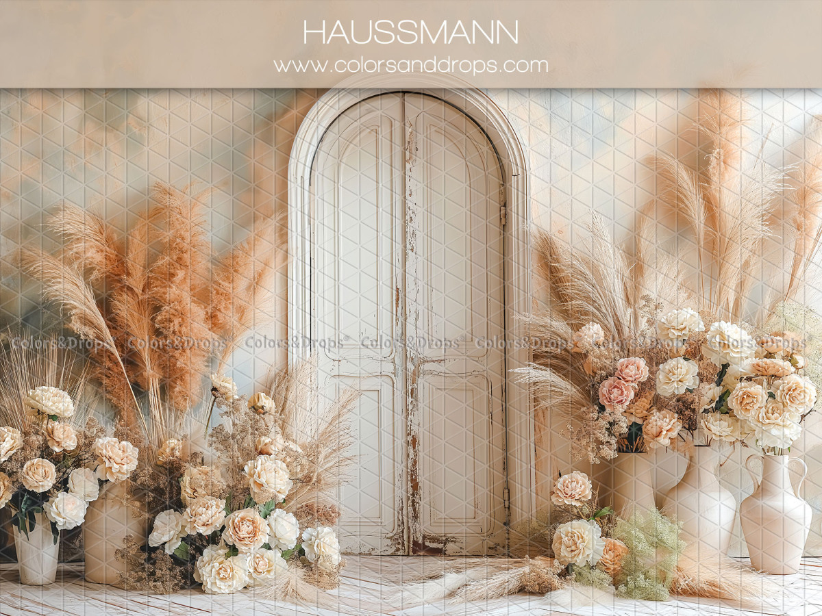 Floral photo backdrop Haussmann – old white door with pampas and dried flowers | Colors&Drops