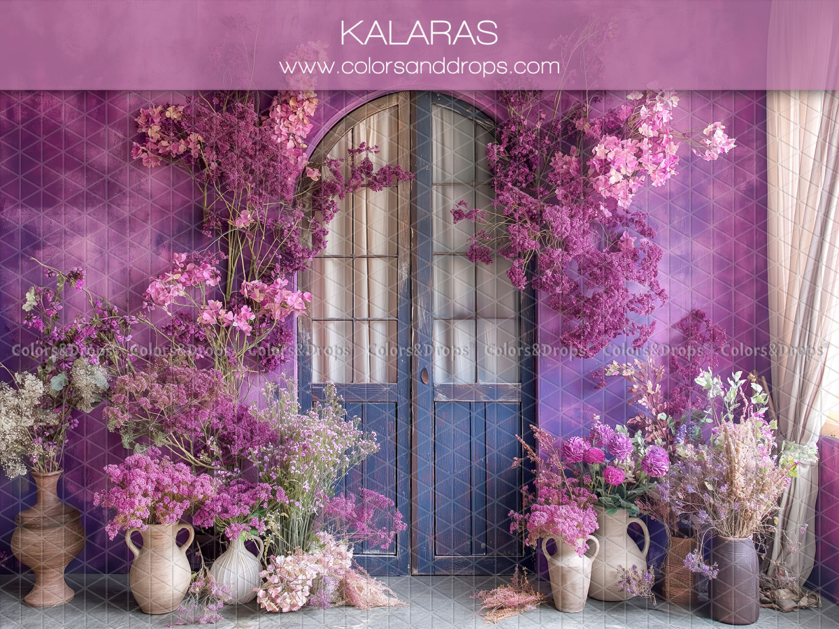 Floral photo backdrop Kalaras – blue French door with purple flowers and vases | Colors&Drops