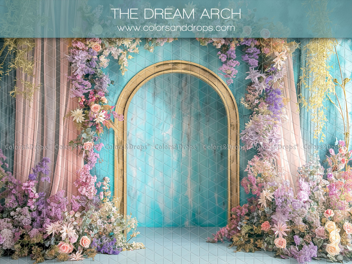 Fond photo grossesse et portrait The Dream Arch – arche dorée fleurie avec rideaux roses | Colors&Drops