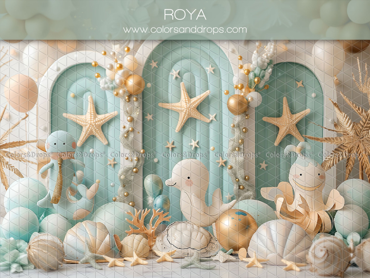 Fond photo bébé et smash cake Roya – portes turquoise avec étoiles de mer et coquillages | Colors&Drops