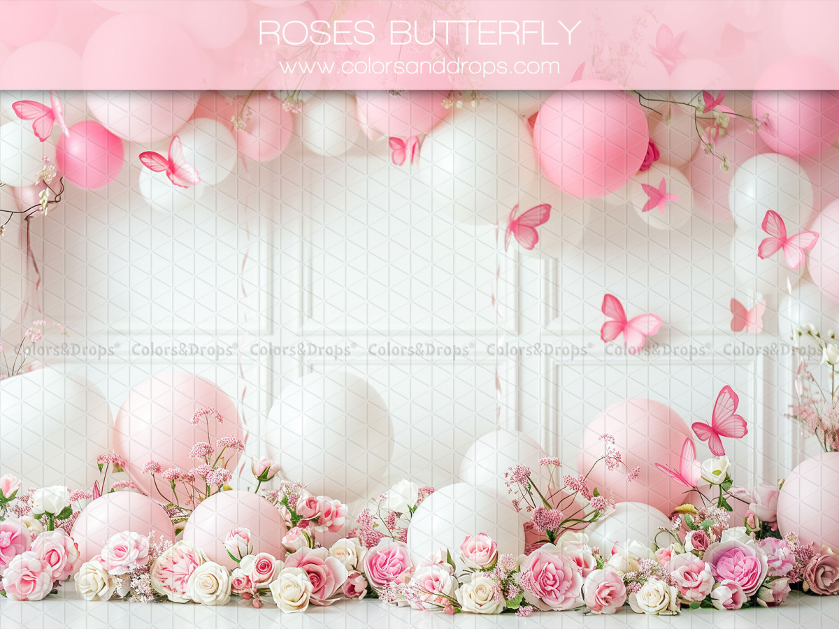 Fondo fotográfico de bebé y smash cake Roses Butterfly – globos rosas y blancos con mariposas y rosas | Colors&Drops