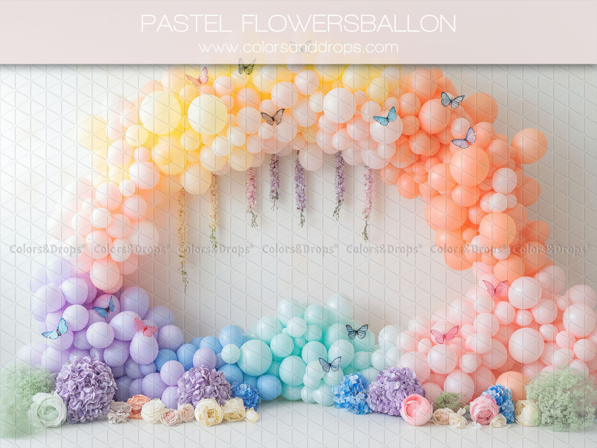 Fond photo bébé et smash cake Pastel Flowers Ballons – arche de ballons arc-en-ciel pastel avec papillons | Colors&Drops