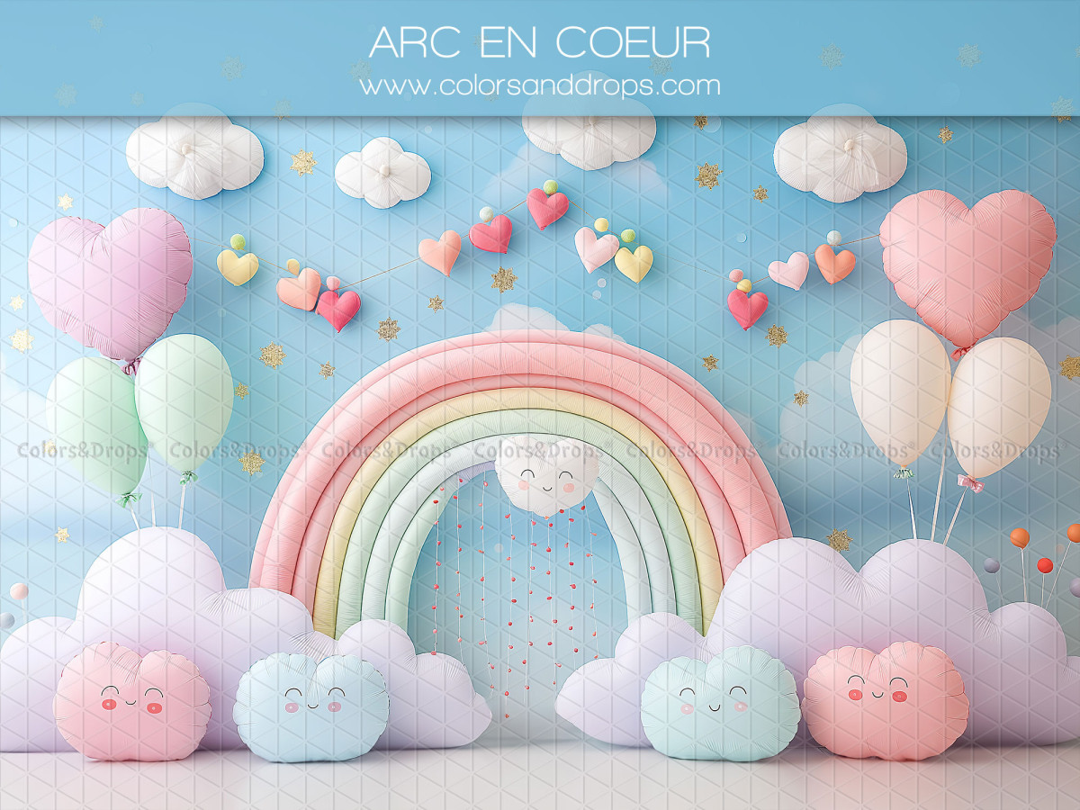 Fond photo bébé et smash cake Arc en Coeur – arc-en-ciel pastel avec nuages et ballons cœurs | Colors&Drops