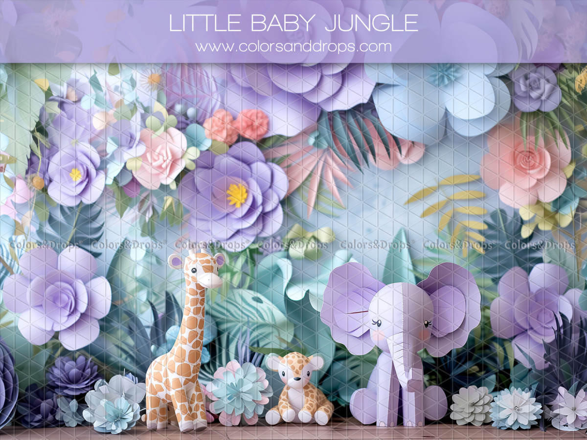 Baby & cake smash photo backdrop Little Baby Jungle – paper jungle with giraffe, elephant and flowers | Colors&Drops