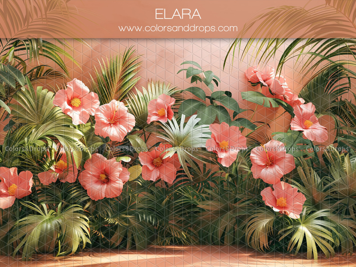 Baby & cake smash photo backdrop Elara – tropical plants with pink hibiscus and palm leaves | Colors&Drops