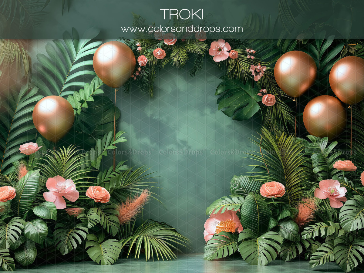 Fondo fotográfico de bebé y smash cake Troki – follaje tropical con globos dorados sobre pared verde | Colors&Drops