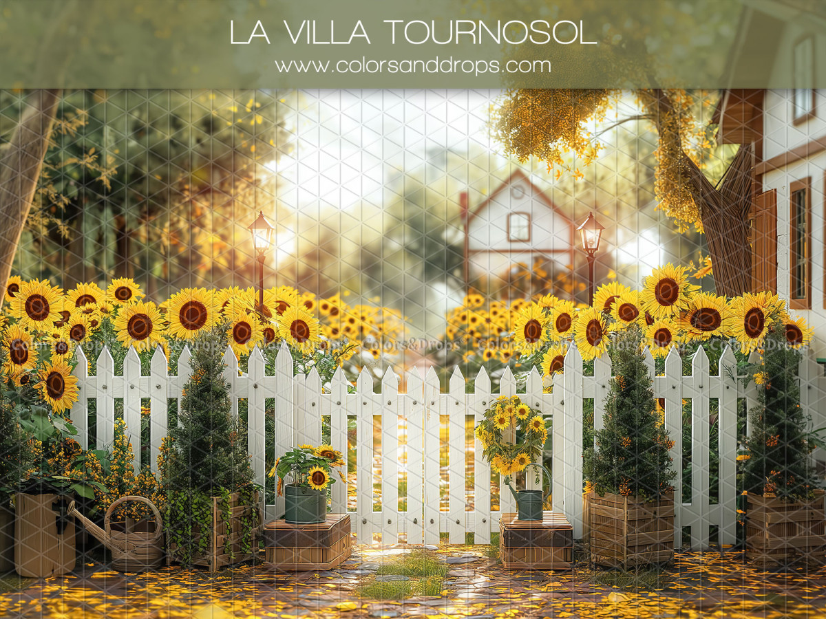 Fond photo bébé et smash cake La Villa Tournosol – jardin de tournesols avec barrière blanche et maison | Colors&Drops