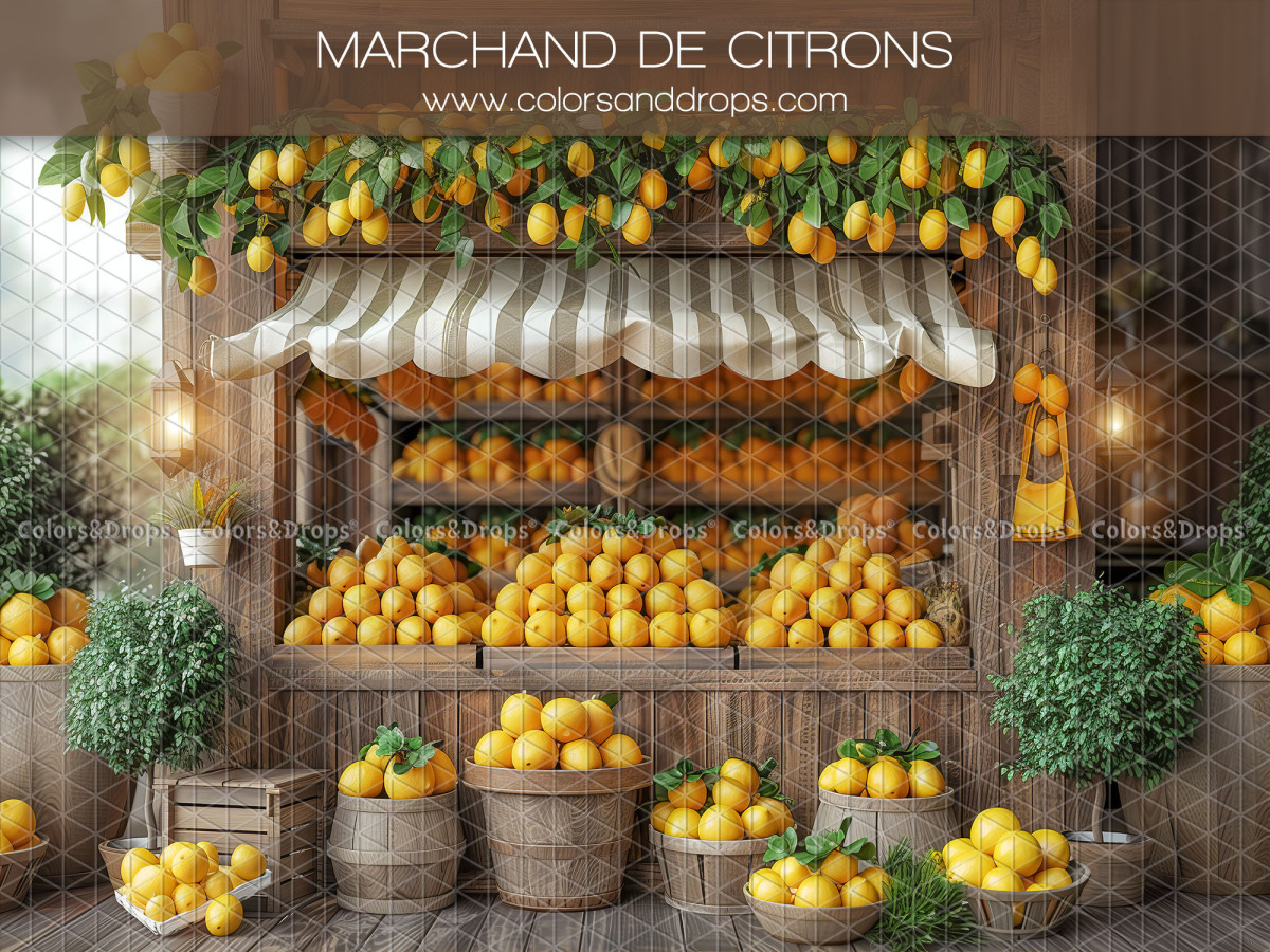 Fond photo bébé et smash cake Marchand de Citrons – étal de marchand de citrons en bois | Colors&Drops