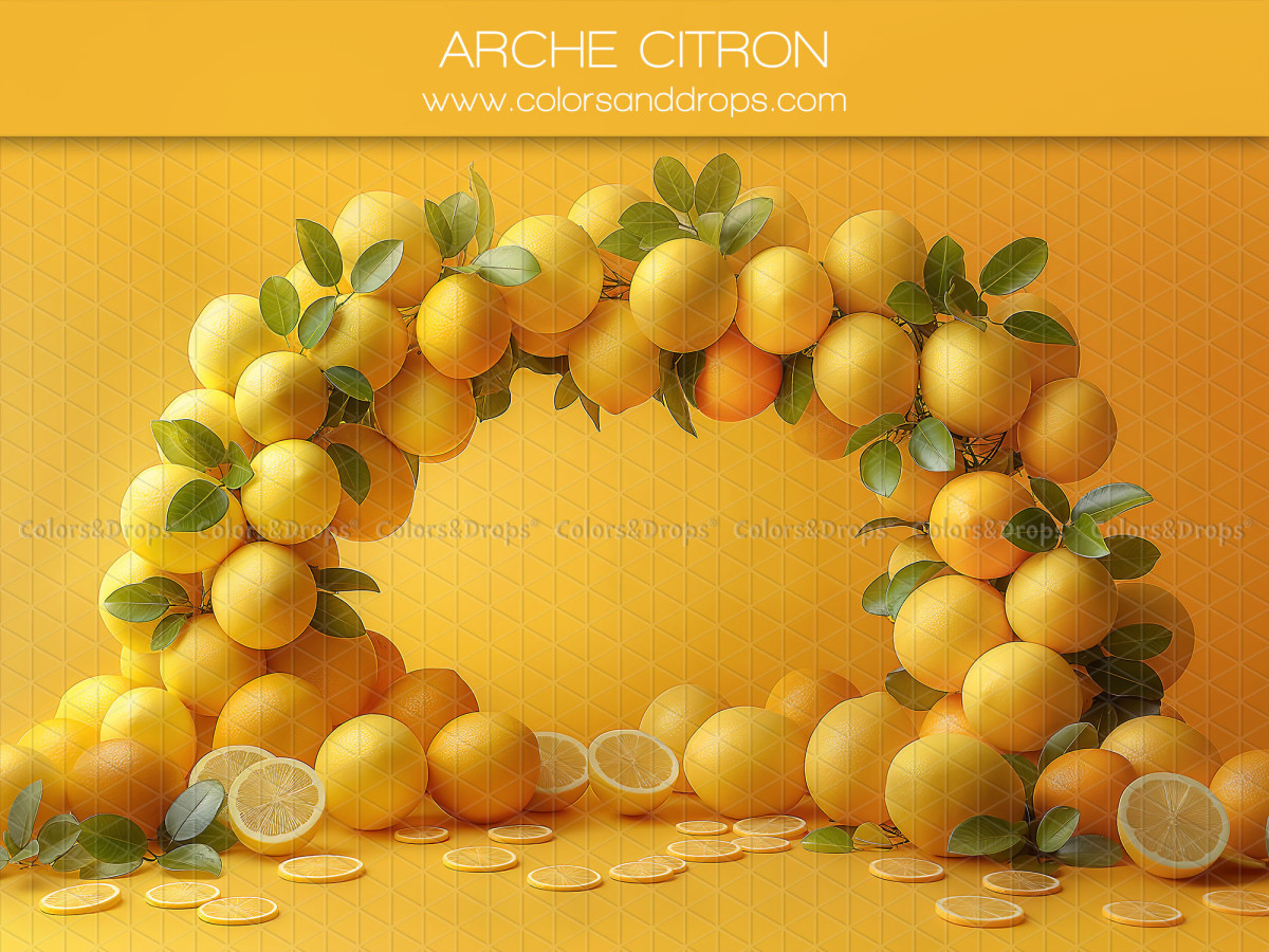 Baby & cake smash photo backdrop Arche Citron – lemon arch on yellow background | Colors&Drops