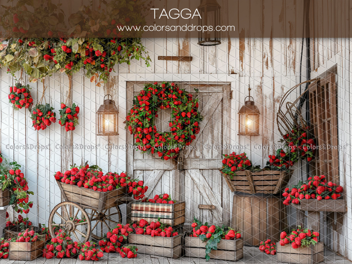 Baby & cake smash photo backdrop Tagga – wooden barn with strawberries and wreath | Colors&Drops