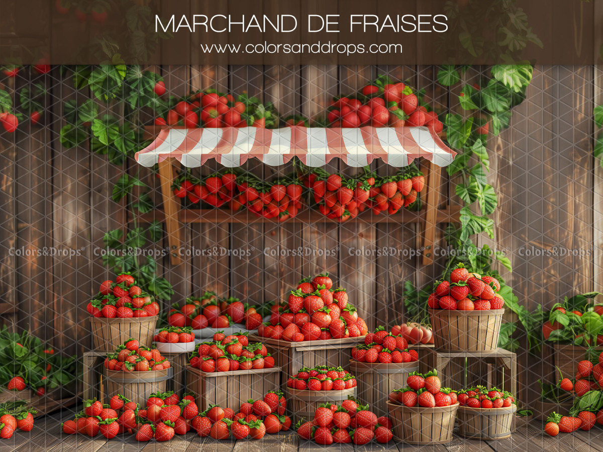 Fond photo bébé et smash cake Marchand de Fraises – étal de marchand de fraises en bois | Colors&Drops