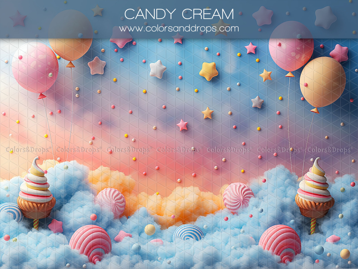 Baby & cake smash photo backdrop Candy Cream – pastel sky with clouds, ice cream cones and balloons | Colors&Drops