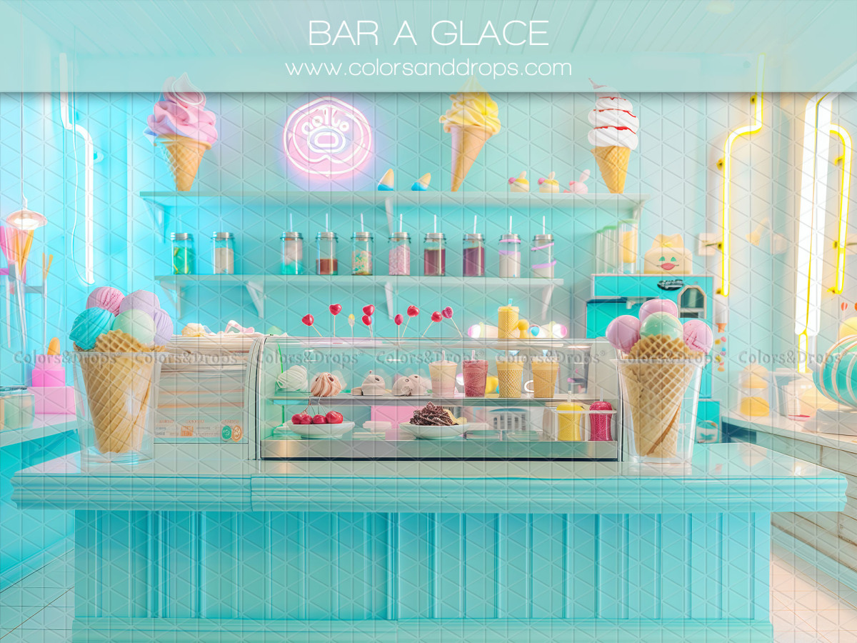 Fond photo bébé et smash cake Bar a Glace – bar à glaces turquoise avec néons | Colors&Drops