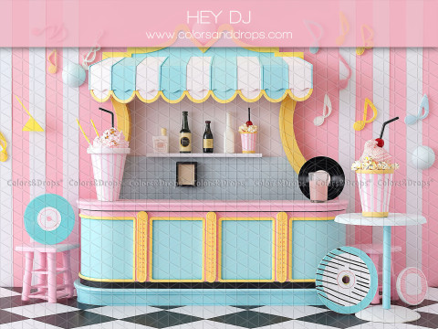 Fondo fotográfico de bebé y smash cake Hey Dj – puesto de batidos retro con tocadiscos | Colors&Drops