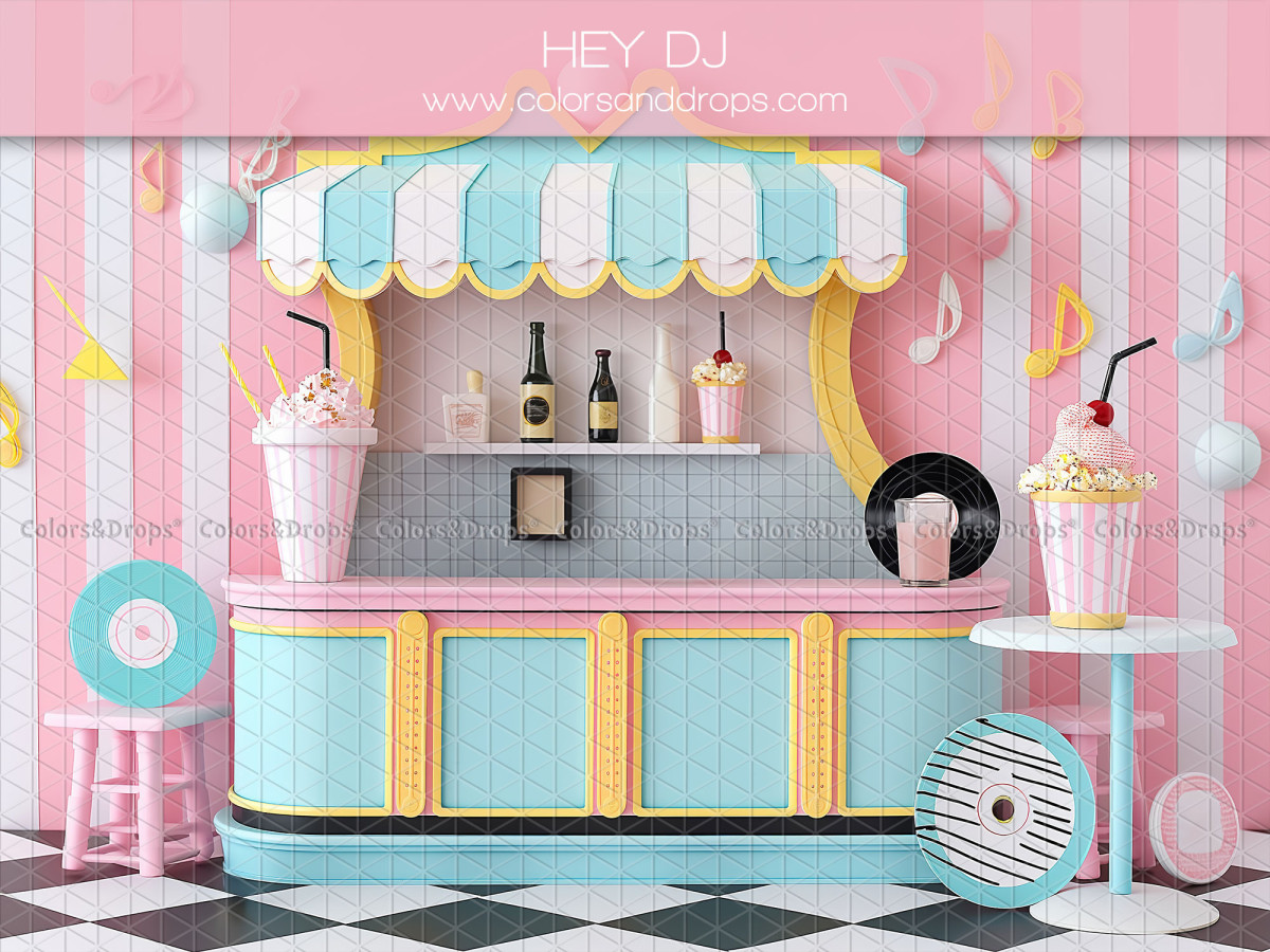 Fond photo bébé et smash cake Hey Dj – stand de milkshake rétro avec platine vinyle | Colors&Drops
