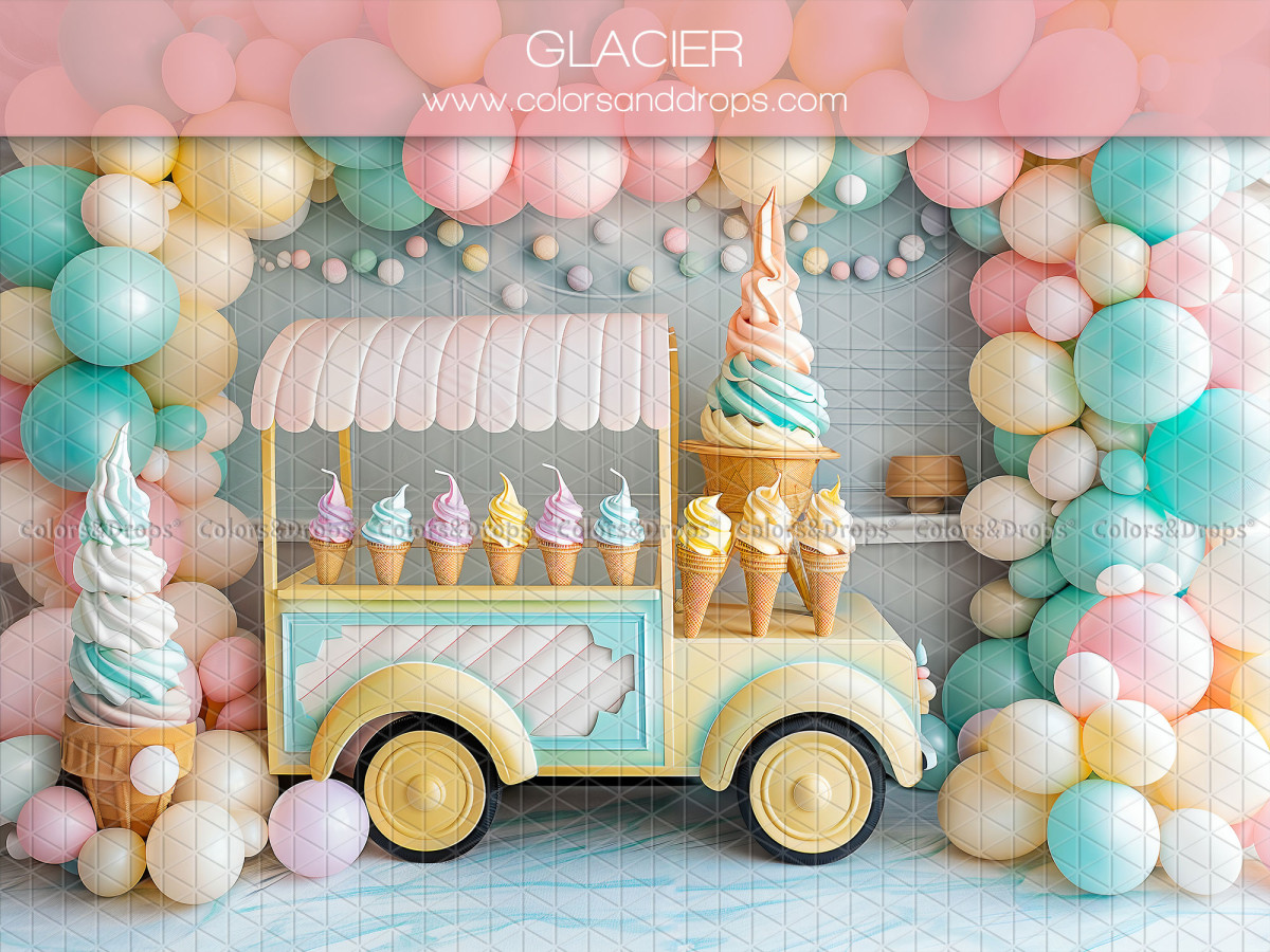 Fond photo bébé et smash cake Glacier – camion de glacier avec ballons pastel | Colors&Drops