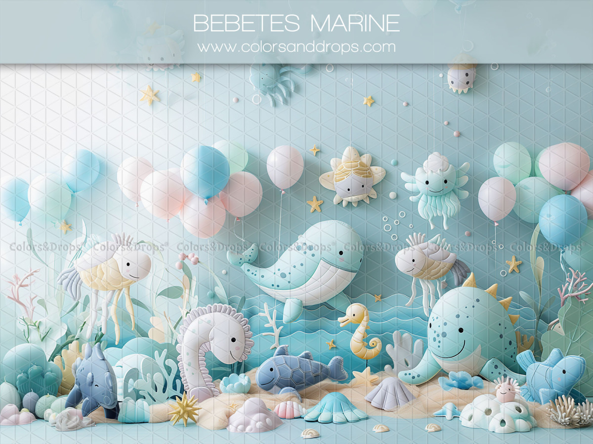 Fondo fotográfico de bebé y smash cake Bebetes Marine – fondo marino pastel con ballenas y globos | Colors&Drops
