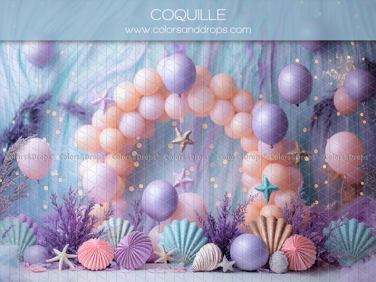 Fondo fotográfico de bebé y smash cake Coquille – arco de globos pastel con conchas y corales | Colors&Drops