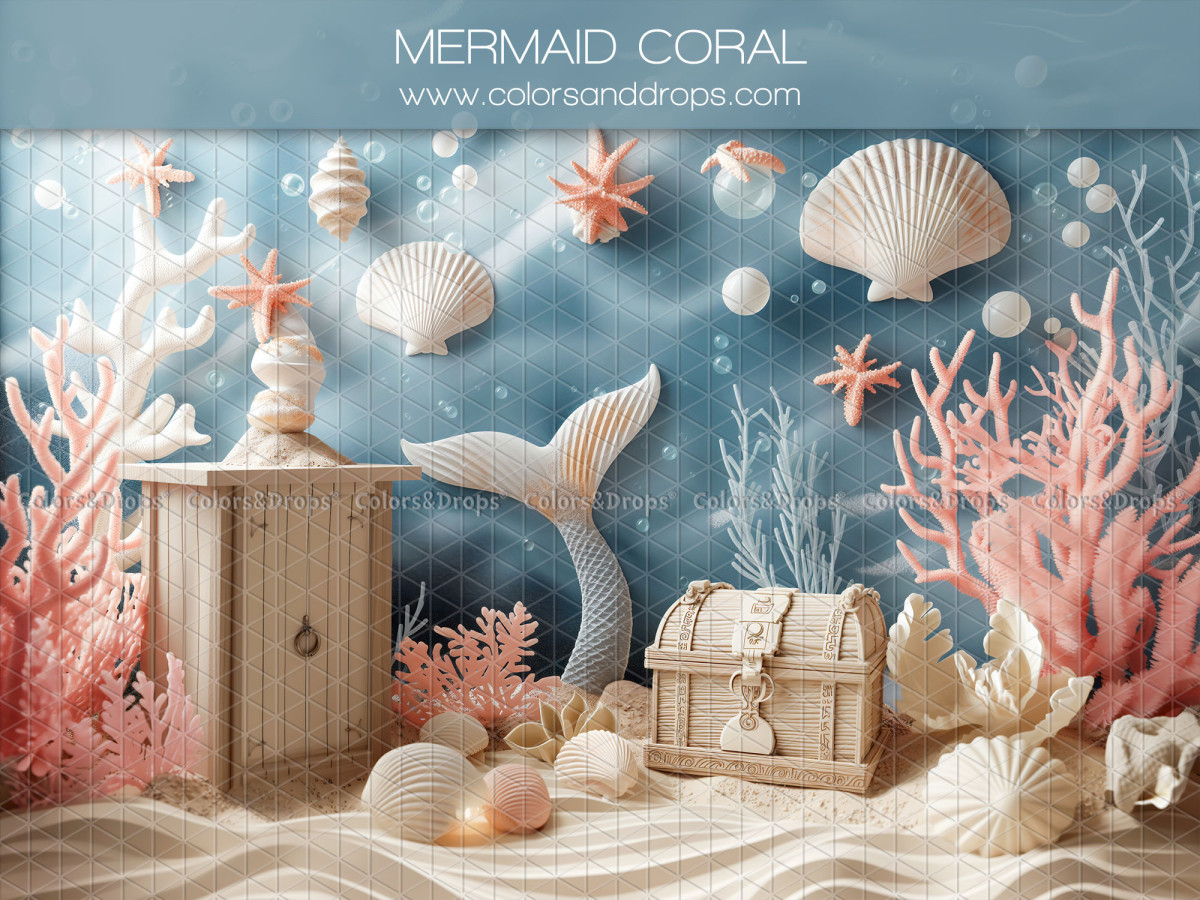 Fond photo bébé et smash cake Mermaid Coral – fonds marins avec queue de sirène, coraux et coffre | Colors&Drops