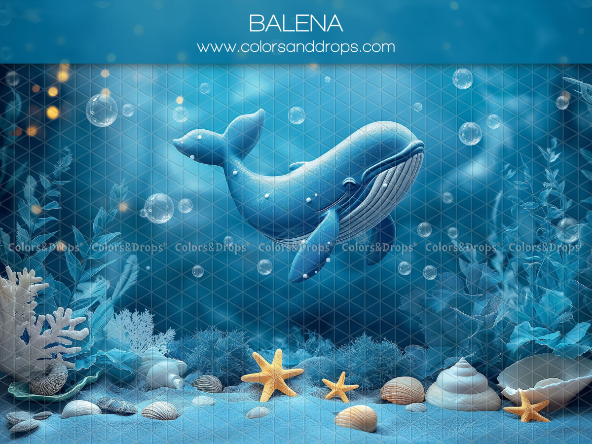 Fond photo bébé et smash cake Balena – baleine bleue sous la mer avec étoiles de mer | Colors&Drops