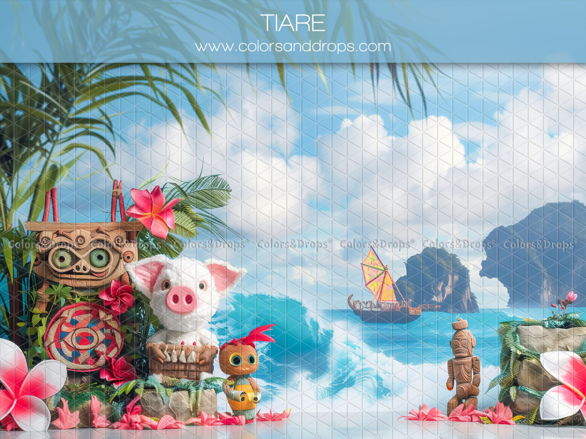 Fondo fotográfico de bebé y smash cake Tiare – playa tropical con tiki, cerdito y flores | Colors&Drops