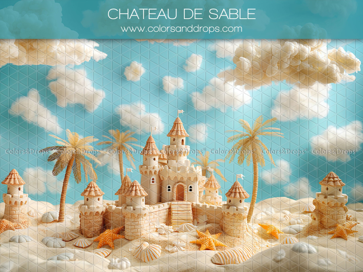 Fond photo bébé et smash cake Chateau de Sable – châteaux de sable sur la plage avec palmiers | Colors&Drops