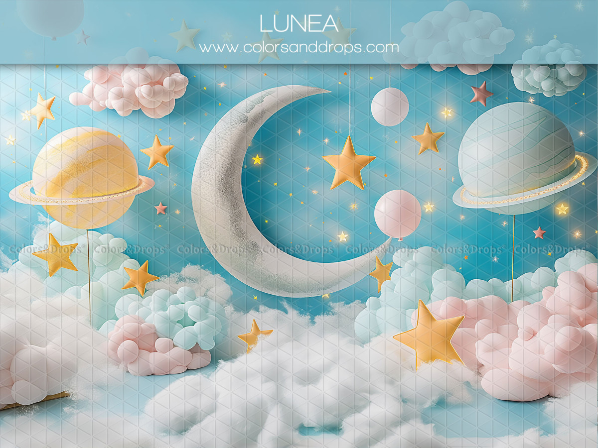 Fondo fotográfico de bebé y smash cake Lunea – luna, planetas y estrellas en nubes pastel | Colors&Drops