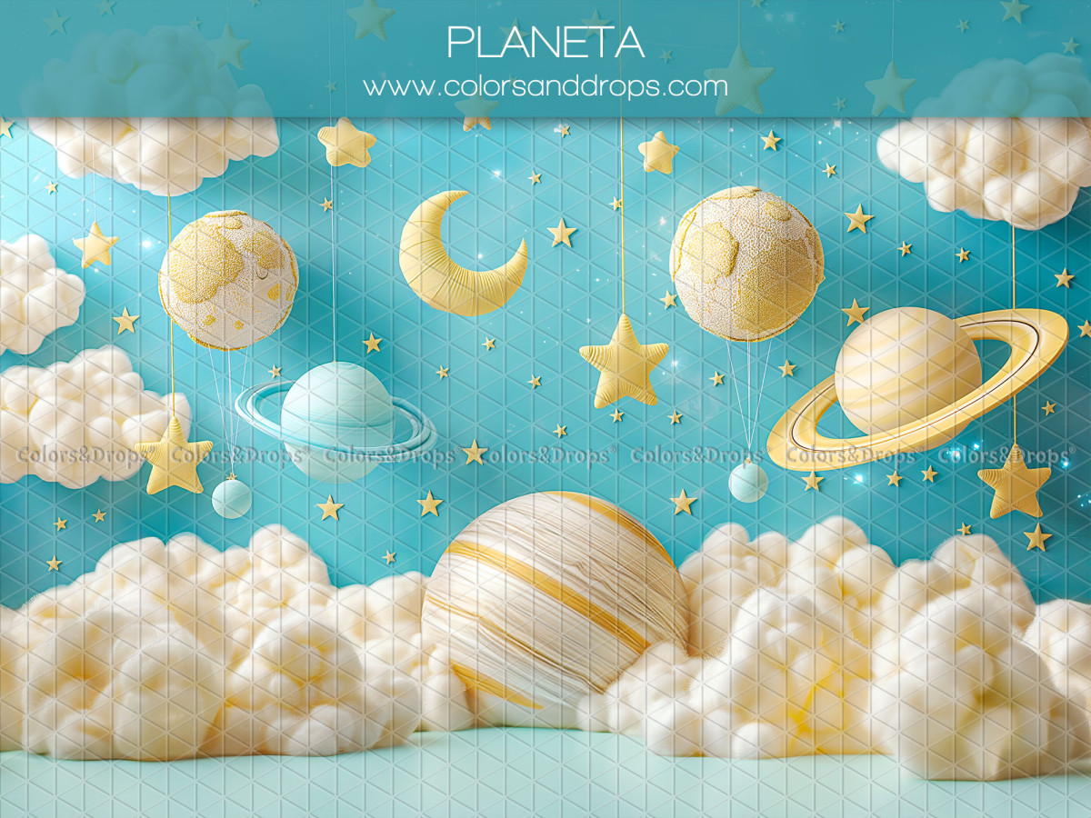 Baby & cake smash photo backdrop Planeta – planets and stars above the clouds | Colors&Drops