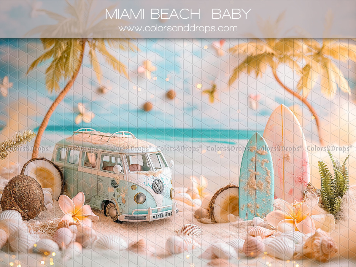 Fond photo bébé et smash cake Miami Beach Baby – van rétro sur la plage avec planche de surf | Colors&Drops
