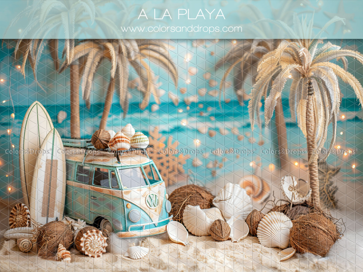 Fondo fotográfico de bebé y smash cake A la Playa – furgoneta retro en la playa con tablas de surf y palmeras | Colors&Drops