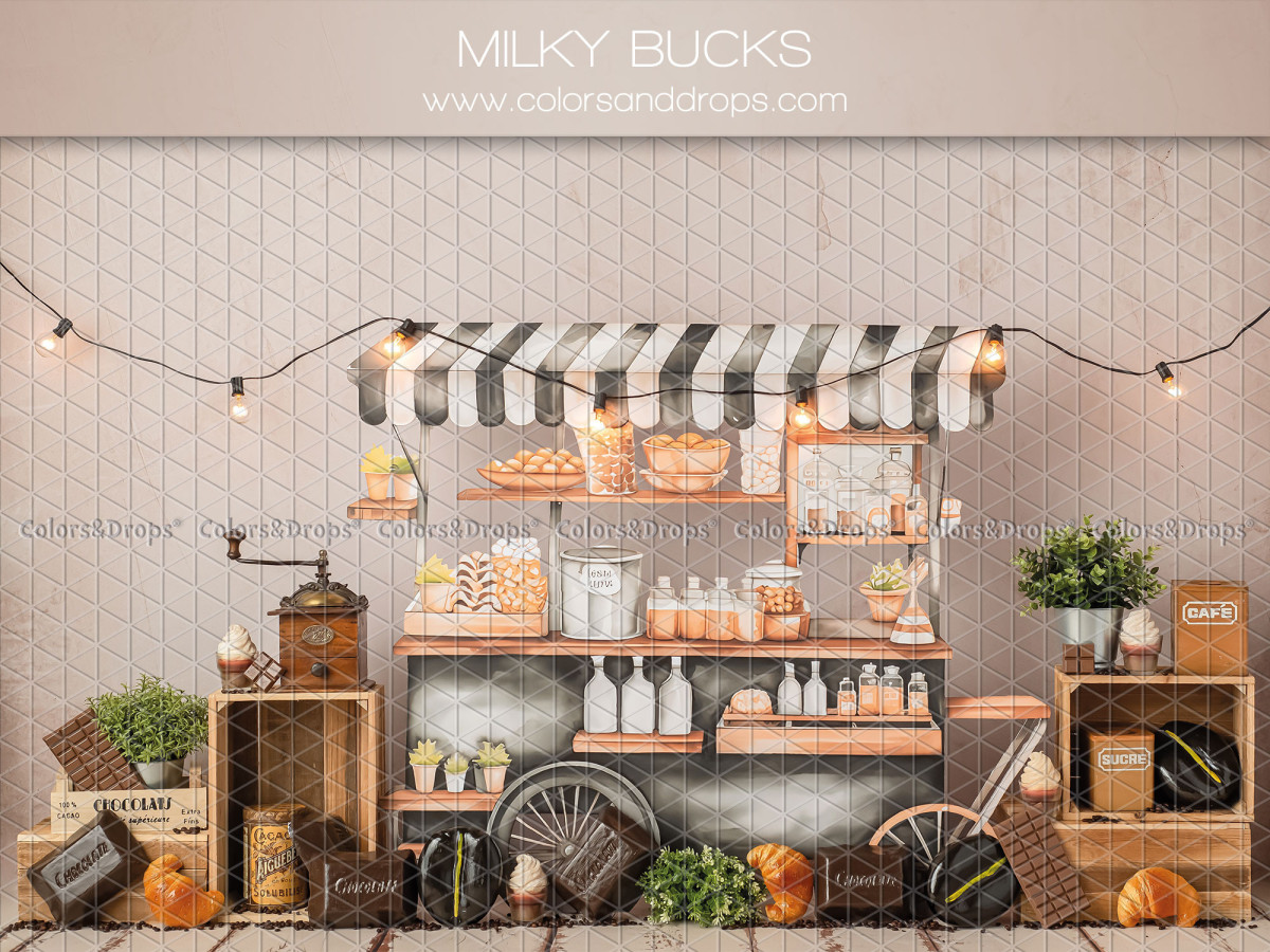 Baby & cake smash photo backdrop Milky Bucks – coffee stand with striped awning and string lights | Colors&Drops