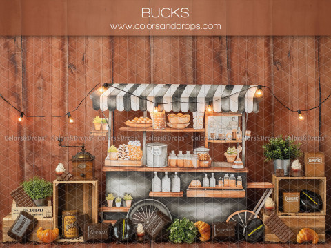 Fond photo bébé et smash cake Bucks – stand de café sur mur en bois avec guirlande | Colors&Drops