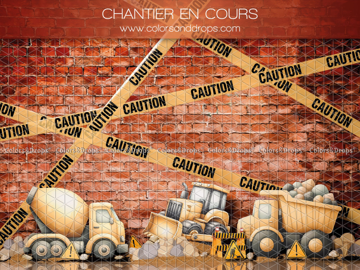 Fond photo bébé et smash cake Chantier en Cours – chantier avec engins jouets et rubans caution | Colors&Drops