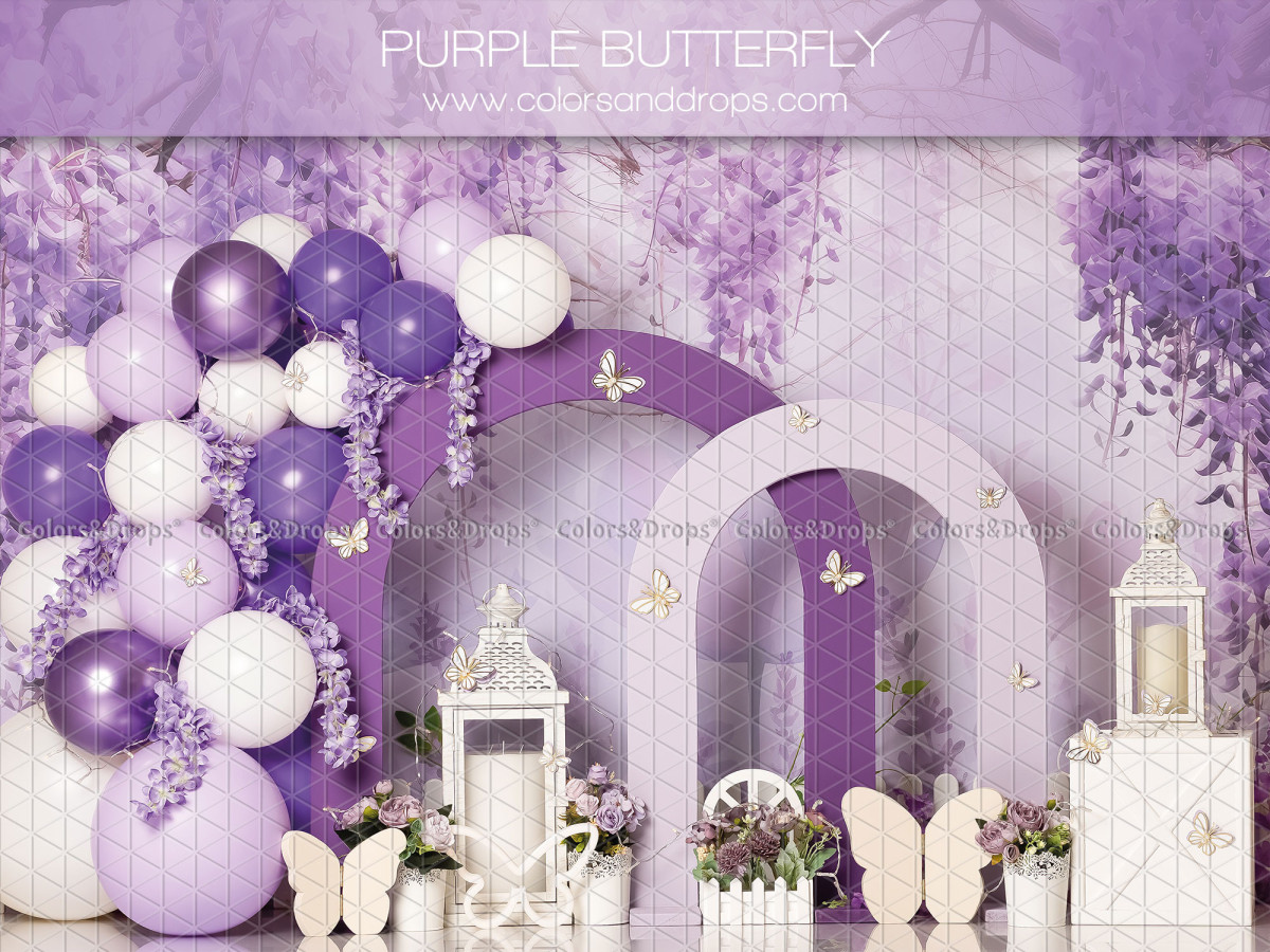 Fond photo bébé et smash cake Purple Butterfly – arches violettes avec ballons et papillons | Colors&Drops