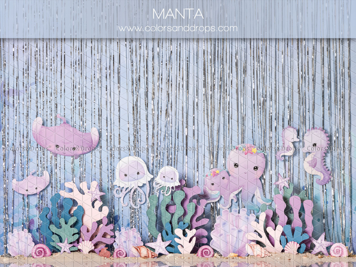 Fondo fotográfico de bebé y smash cake Manta – fondo marino pastel con raya, medusas y corales | Colors&Drops