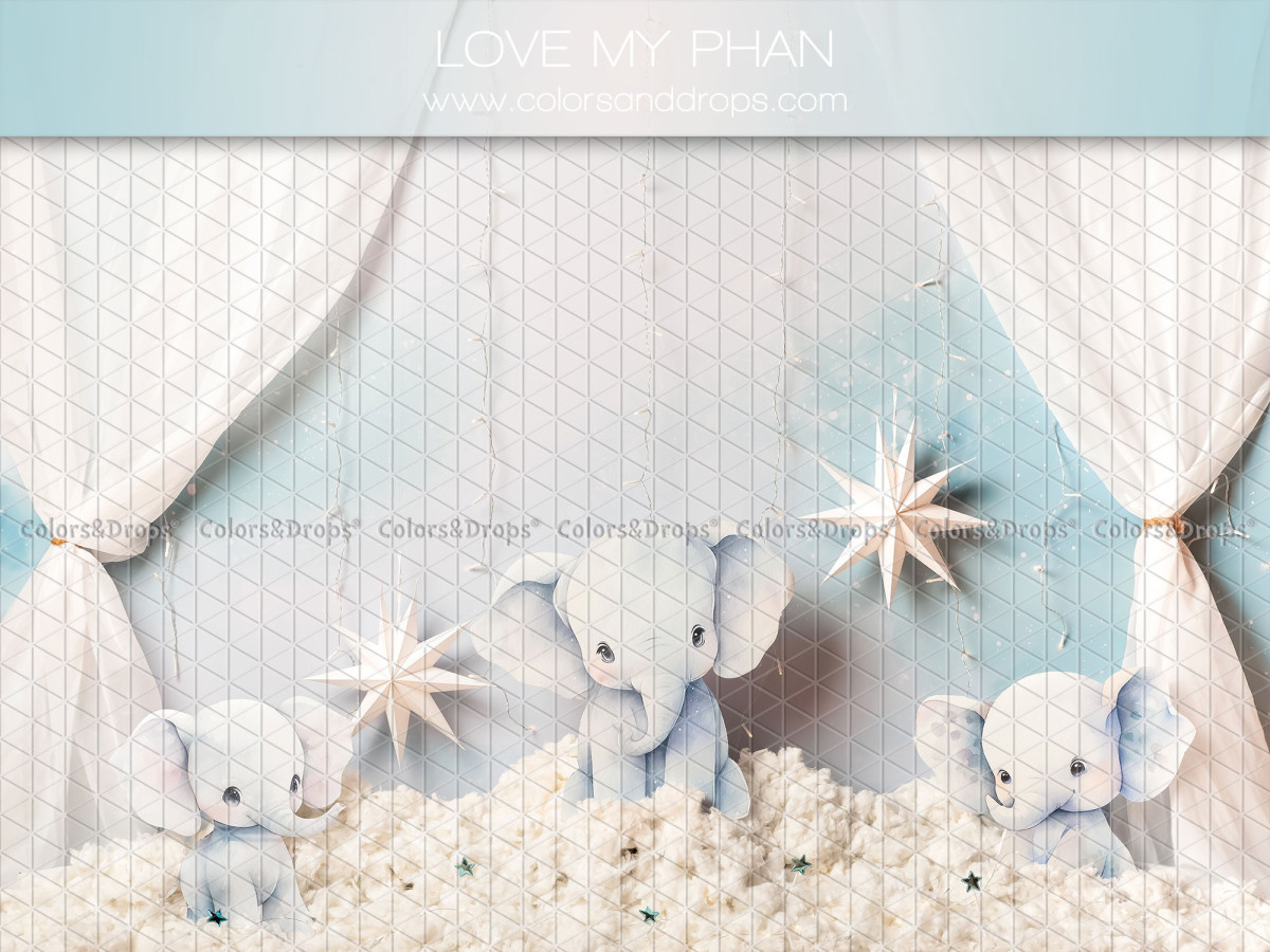 Fondo fotográfico de bebé y smash cake Love My Phan – elefantitos de peluche con cortinas y estrellas | Colors&Drops